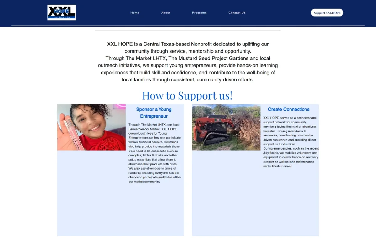 XXL Hope old website with small text in blue boxes